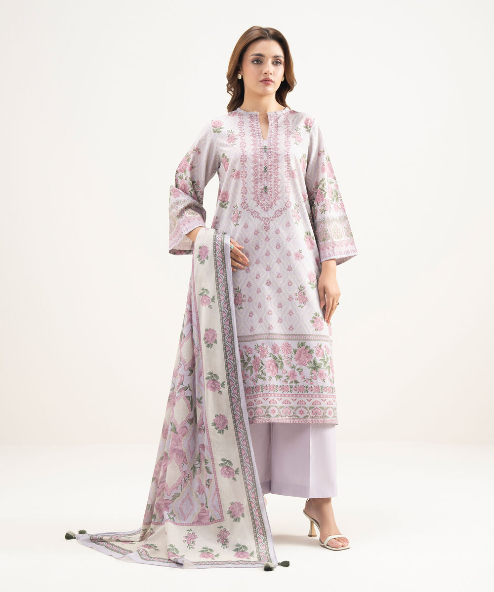 Women's Unstitched Lawn Printed Purple 3 Piece Suit