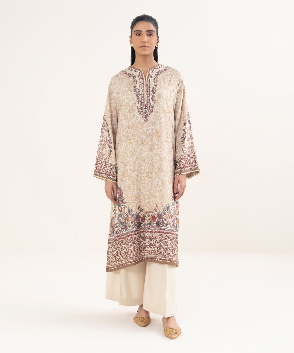 Women's RTW Viscose Linen Printed Beige Drop Shoulder Shirt