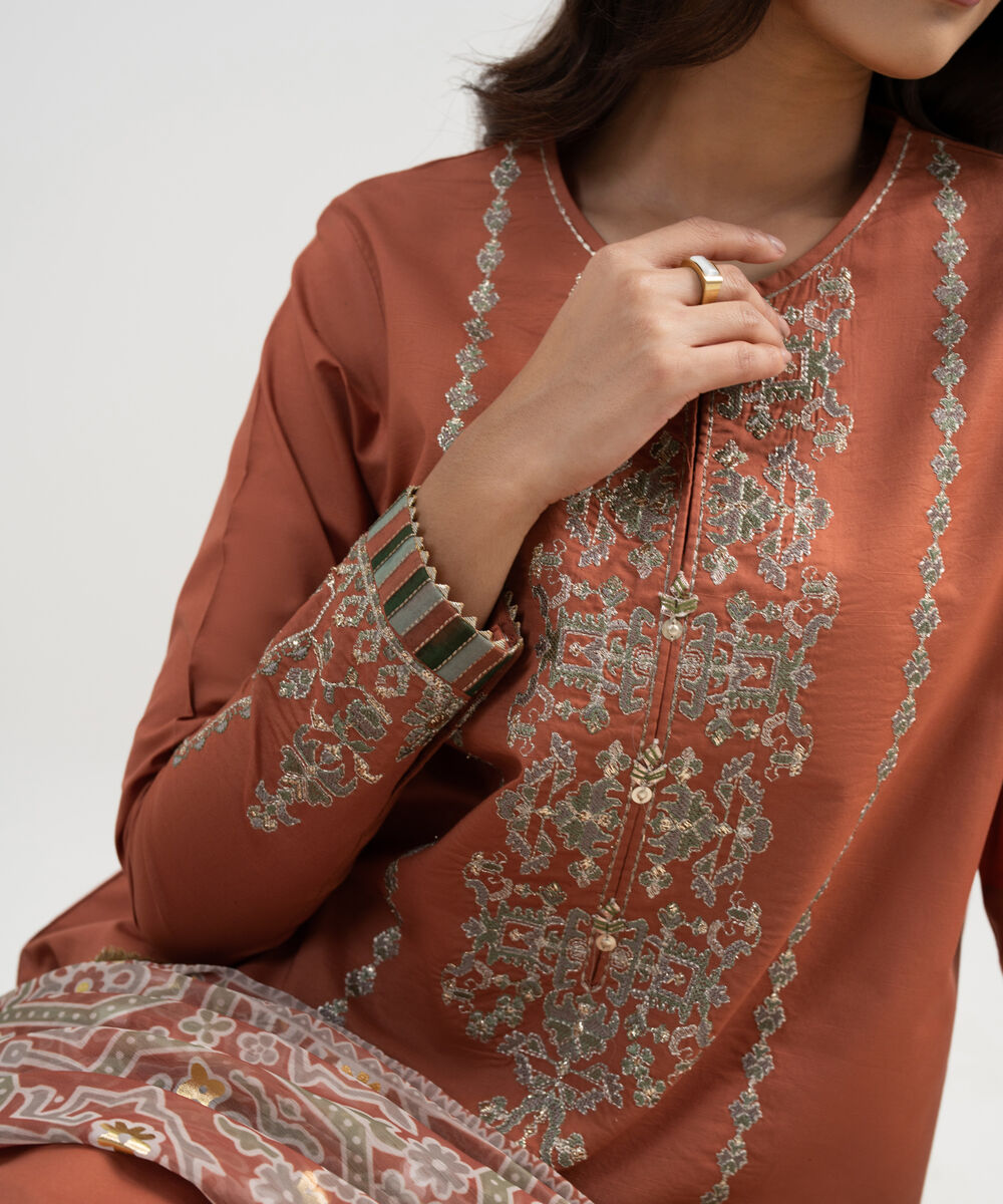 Women's Unstitched Lawn Embroidered Orange 3 Piece Suit