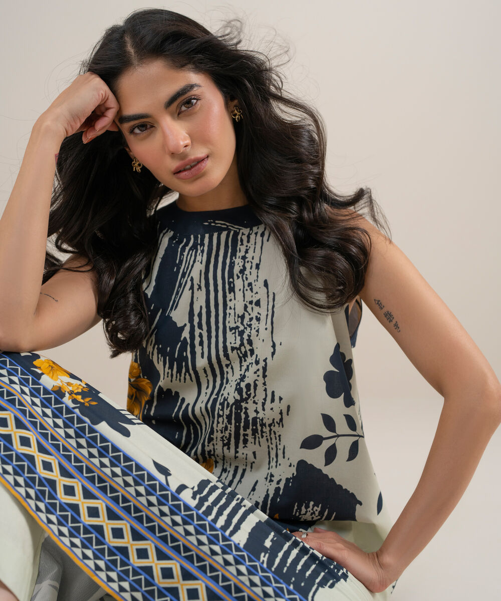 Women's Unstitched Lawn Printed White and  Black 2 Piece Suit