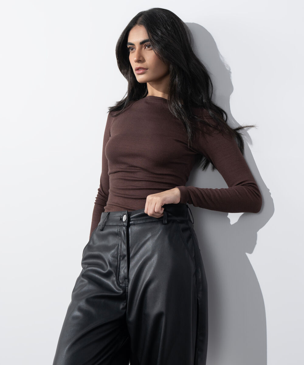 Women's Western Wear Black Faux Leather Barrel-Fit Trousers