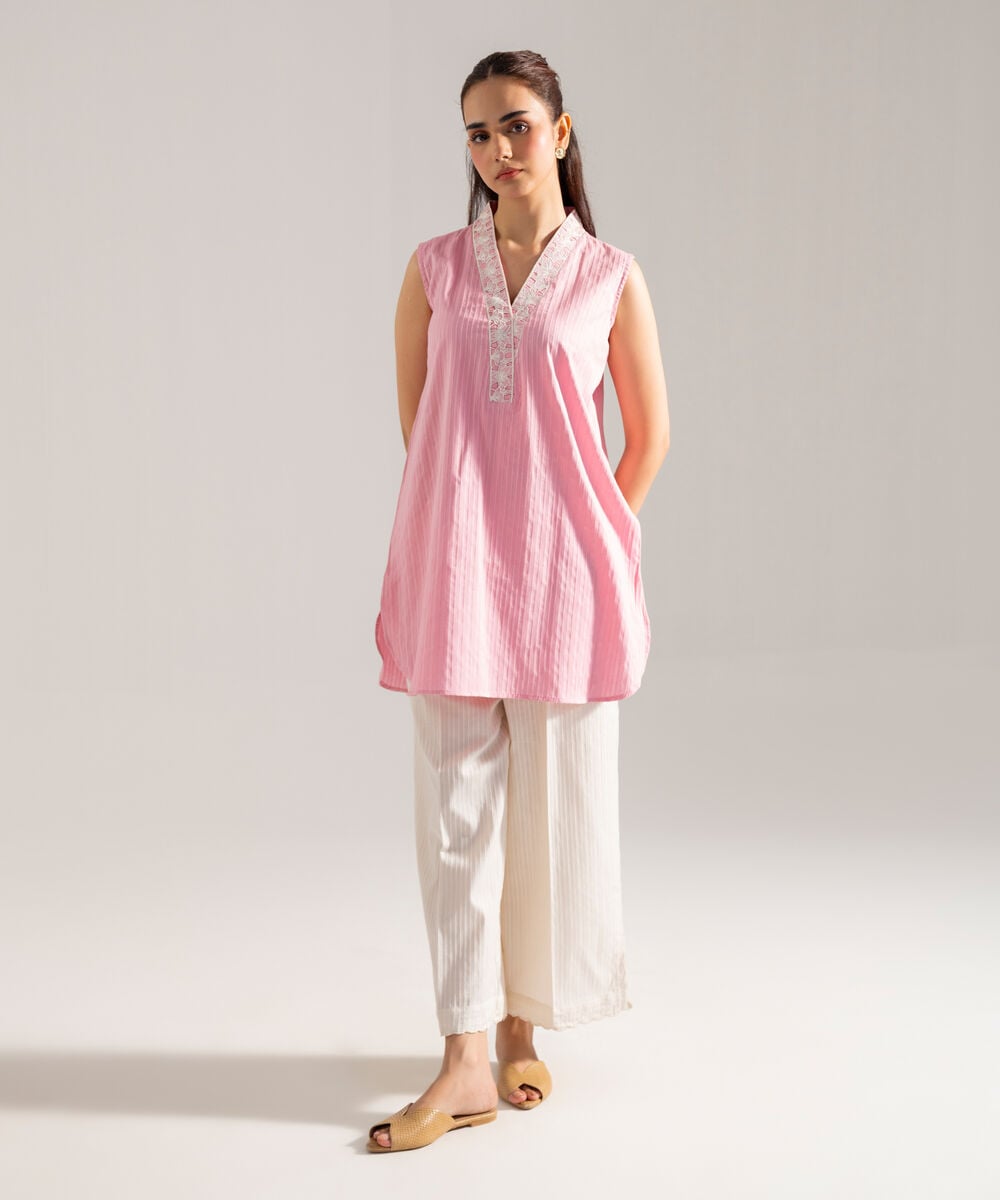 Women's RTW Dobby Strip Solid Pink 2 Piece Suit