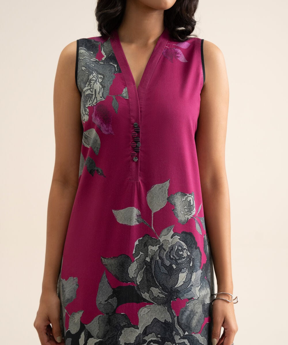 Women's Unstitched Cotton Printed Pink 2 Piece Suit