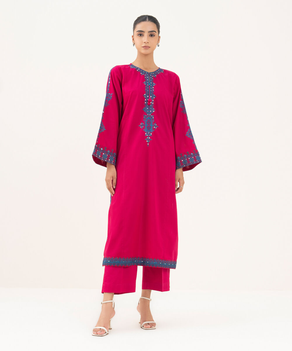 Women's RTW Textured Lawn Pink Embroidered A-Line Shirt