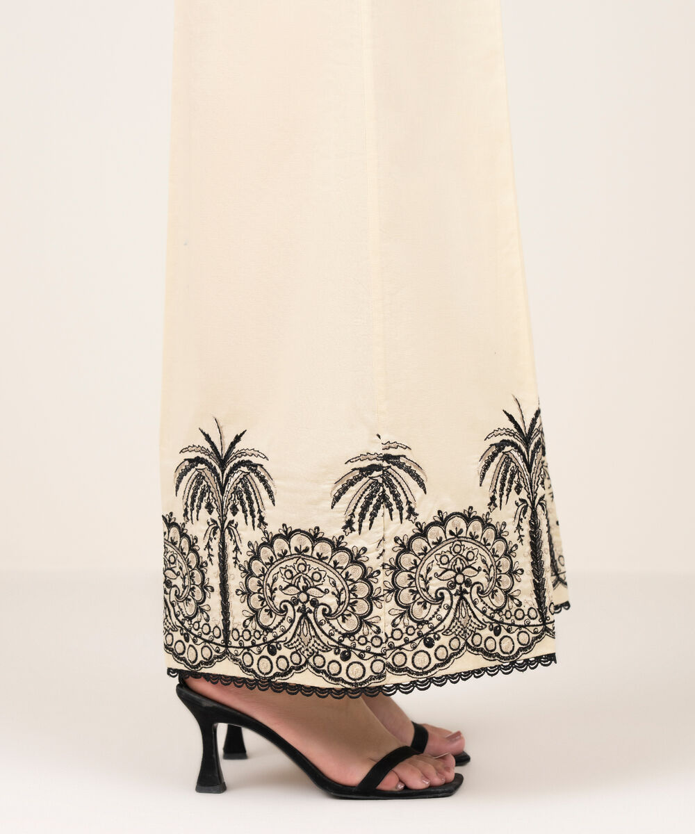 Women's RTW Cotton Embroidered Off White Flared Pants