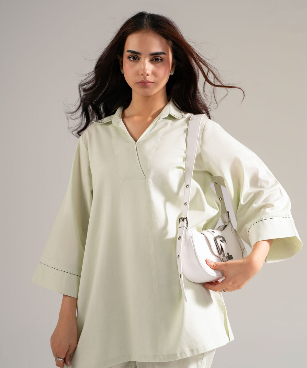 Women's RTW Cotton Linen Solid Mint Green 2 Piece Suit