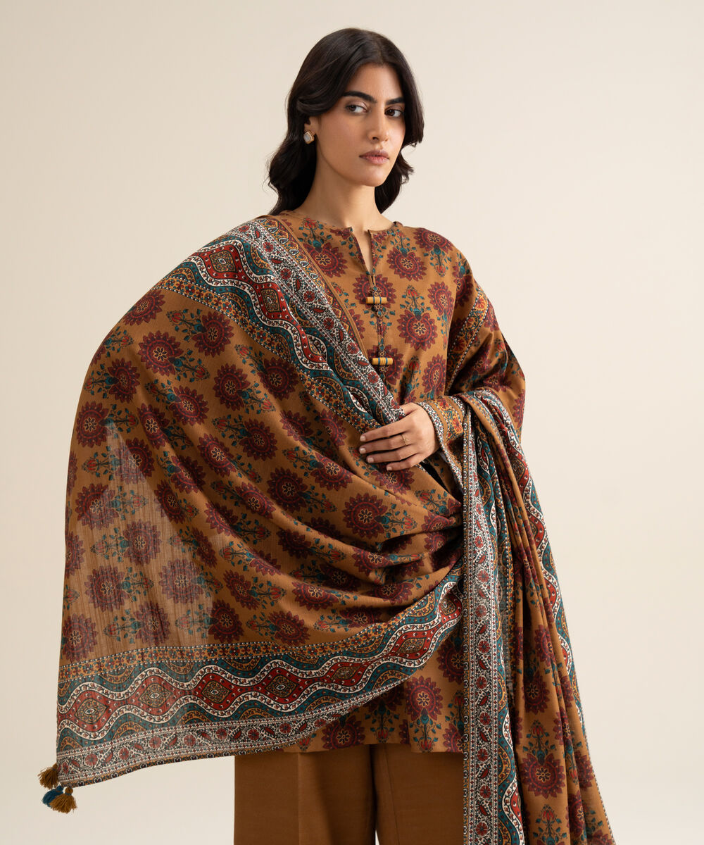 Women's Unstitched Light Khaddar Printed Burnt Orange 3 Piece Suit