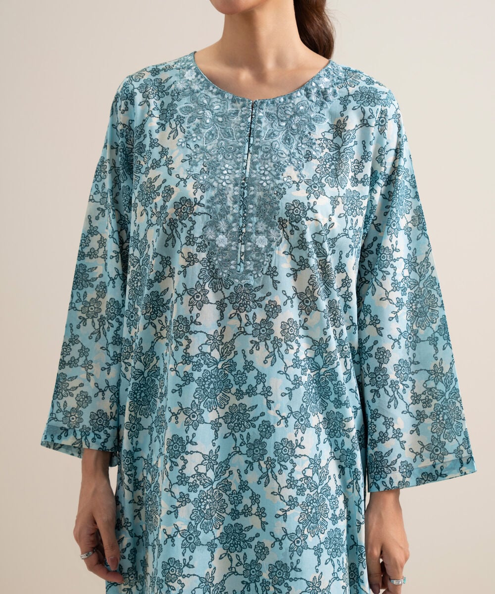 Women's Unstitched Lawn Embroidered Aqua 3 Piece Suit