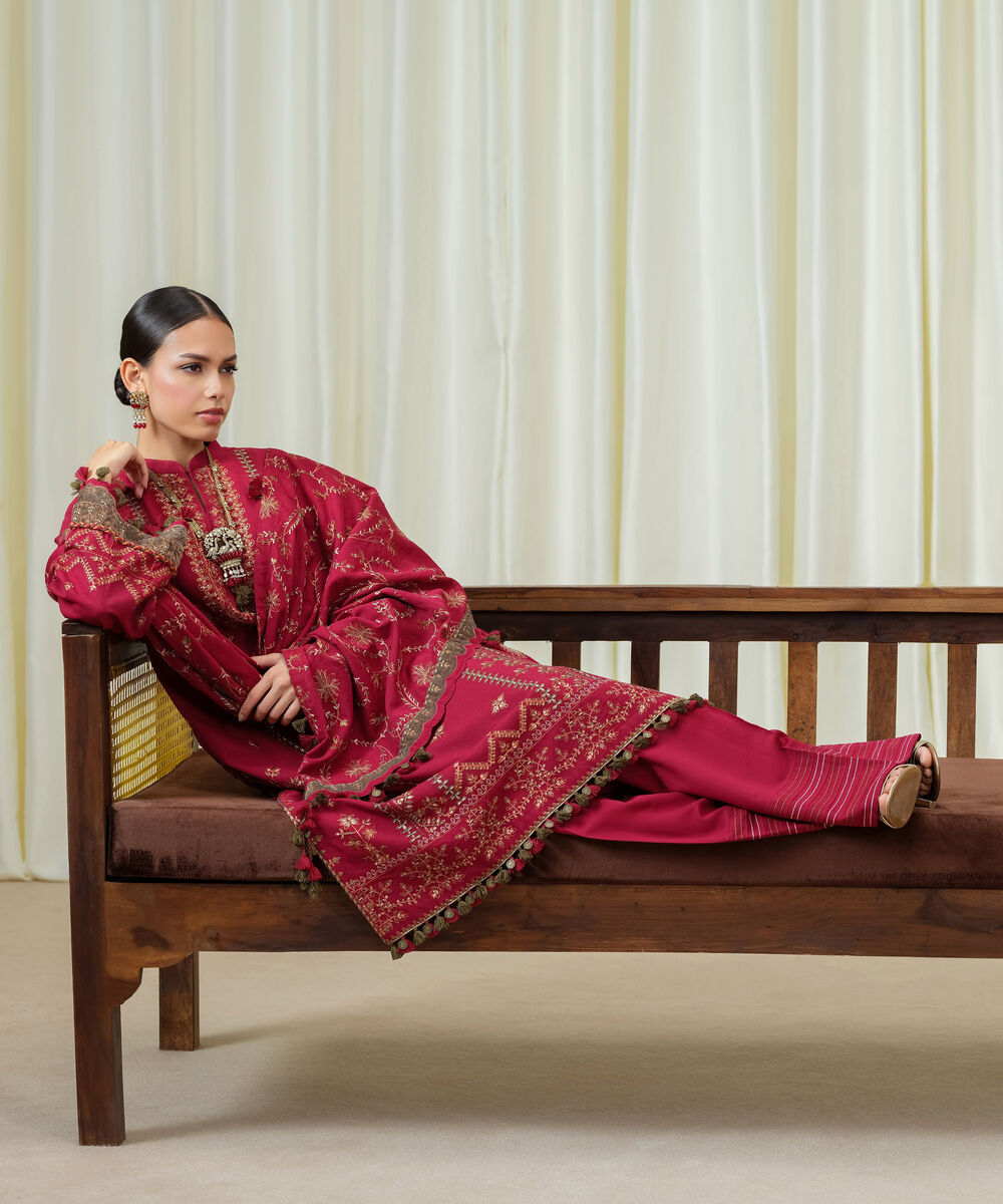 Women's Unstitched Cotton Karandi Embroidered Red 3 Piece Suit