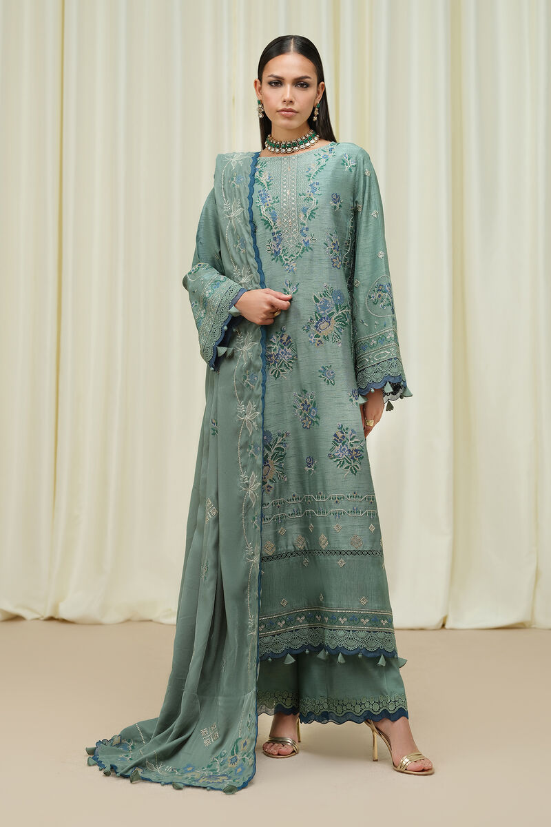 3 Piece - Embroidered Raw Silk Suit