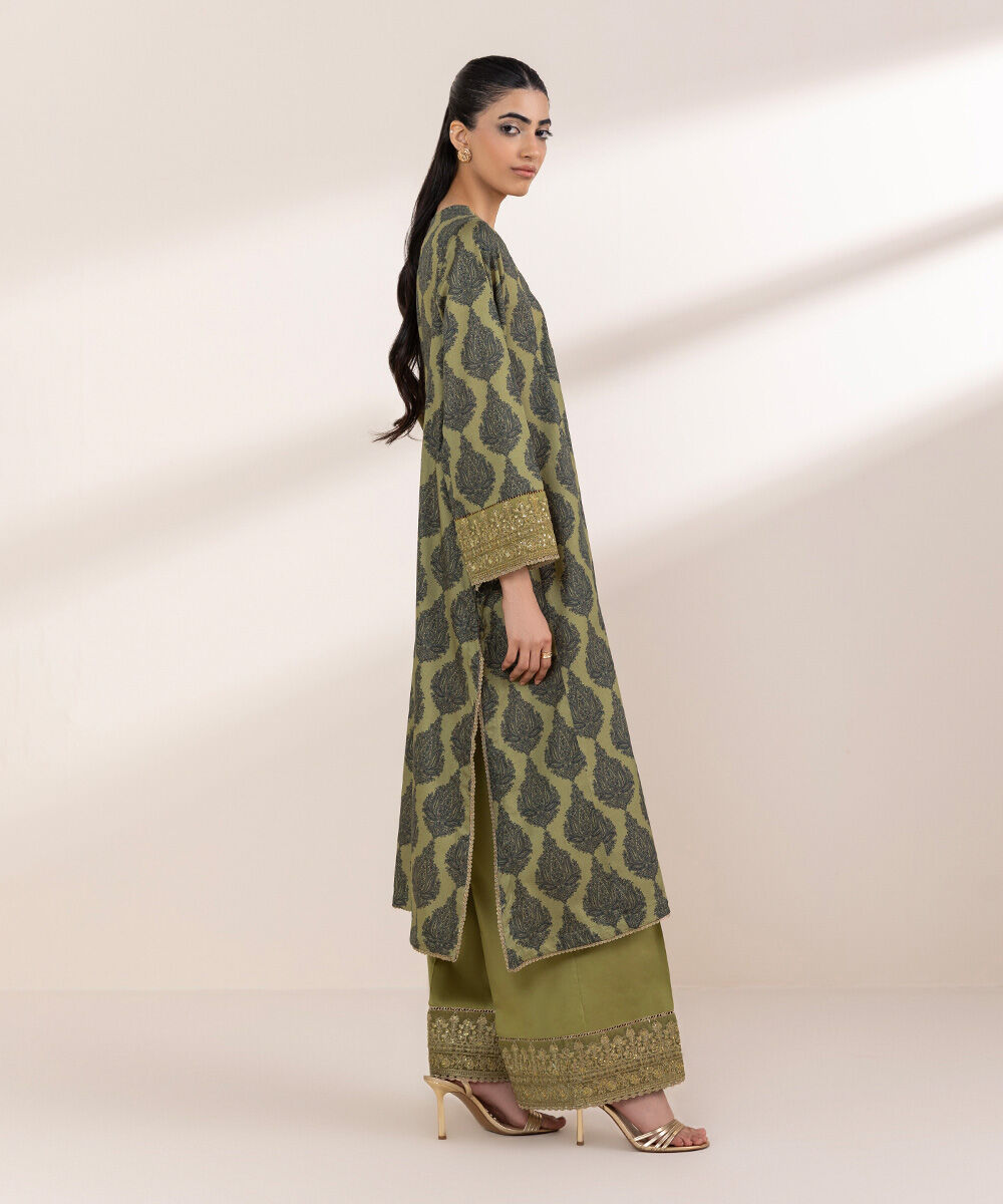 Women's RTW Cotton Satin Green Embroidered A-Line Shirt