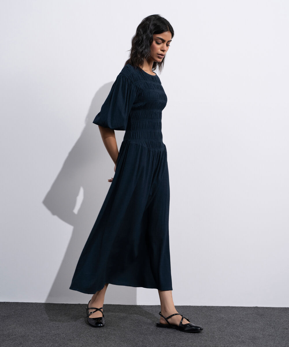 Women's Blue  Smocked Seersucker Dress