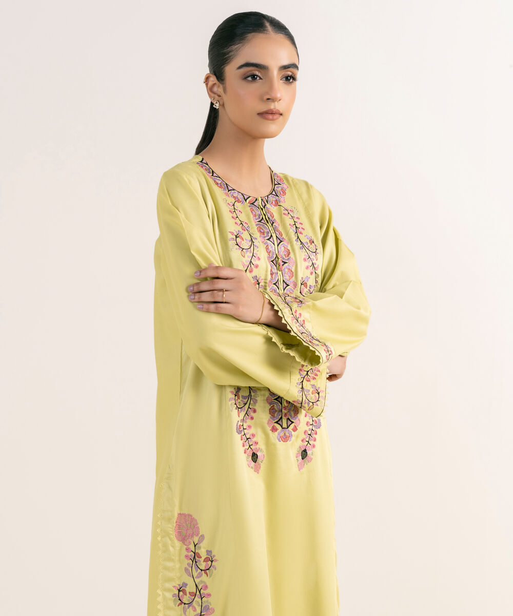 Women's RTW Cotton Satin Yellow Embroidered A-Line Shirt