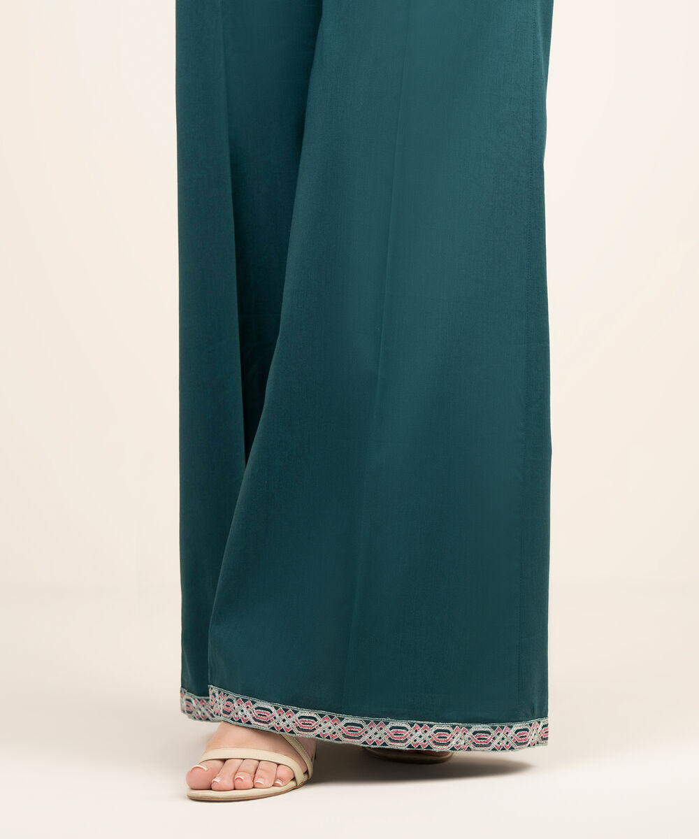 Women's RTW Cotton Viscose Embroidered Green Flared Pants