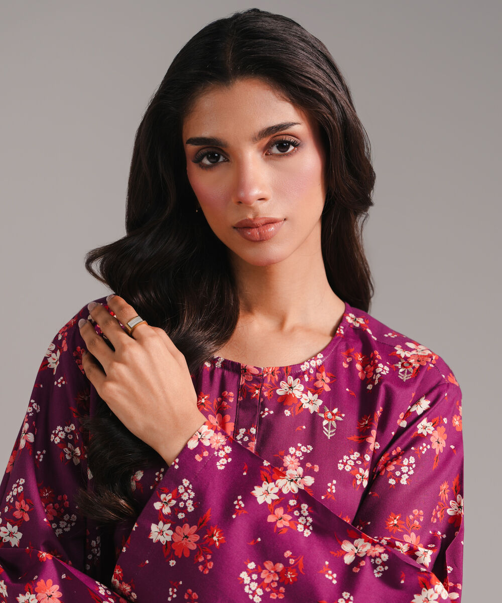 Women's RTW Cotton Viscose Printed Purple Straight Shirt