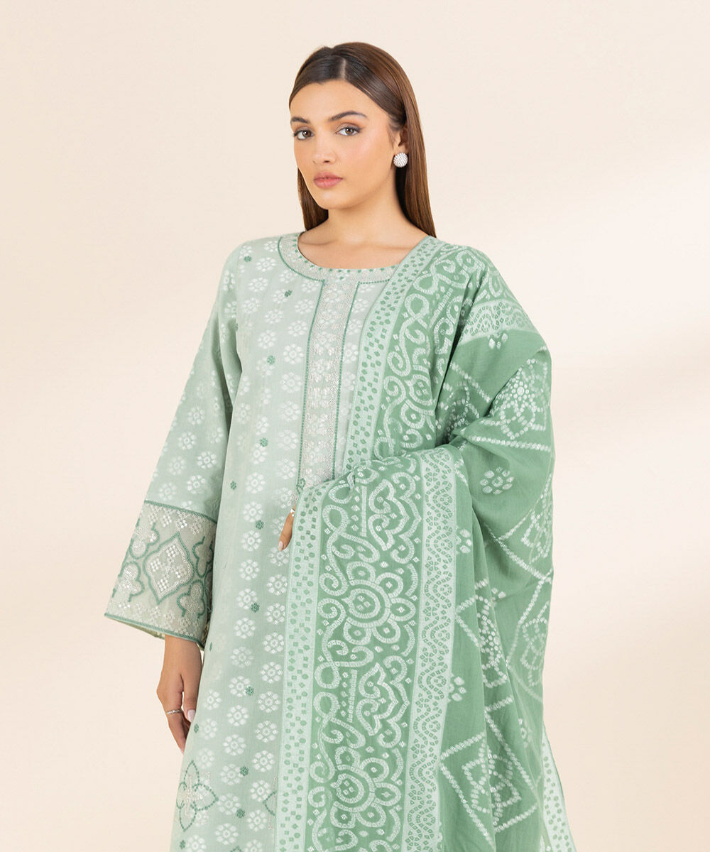 Women's Unstitched Green Extra Weft Jacquard, Jacquard 3 Piece Suit