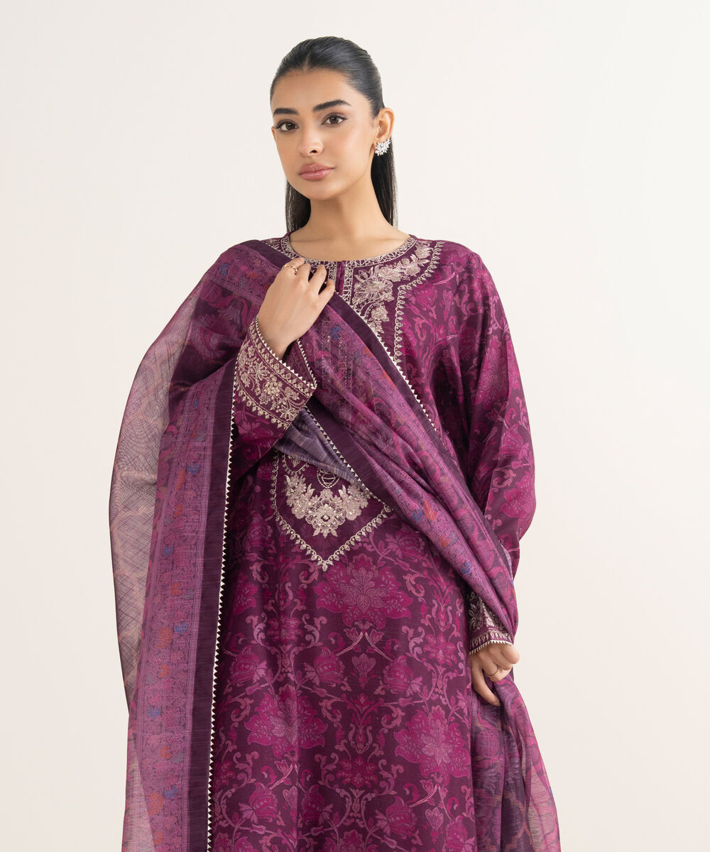 Women's RTW Dobby Embroidered Purple 3 Piece Suit