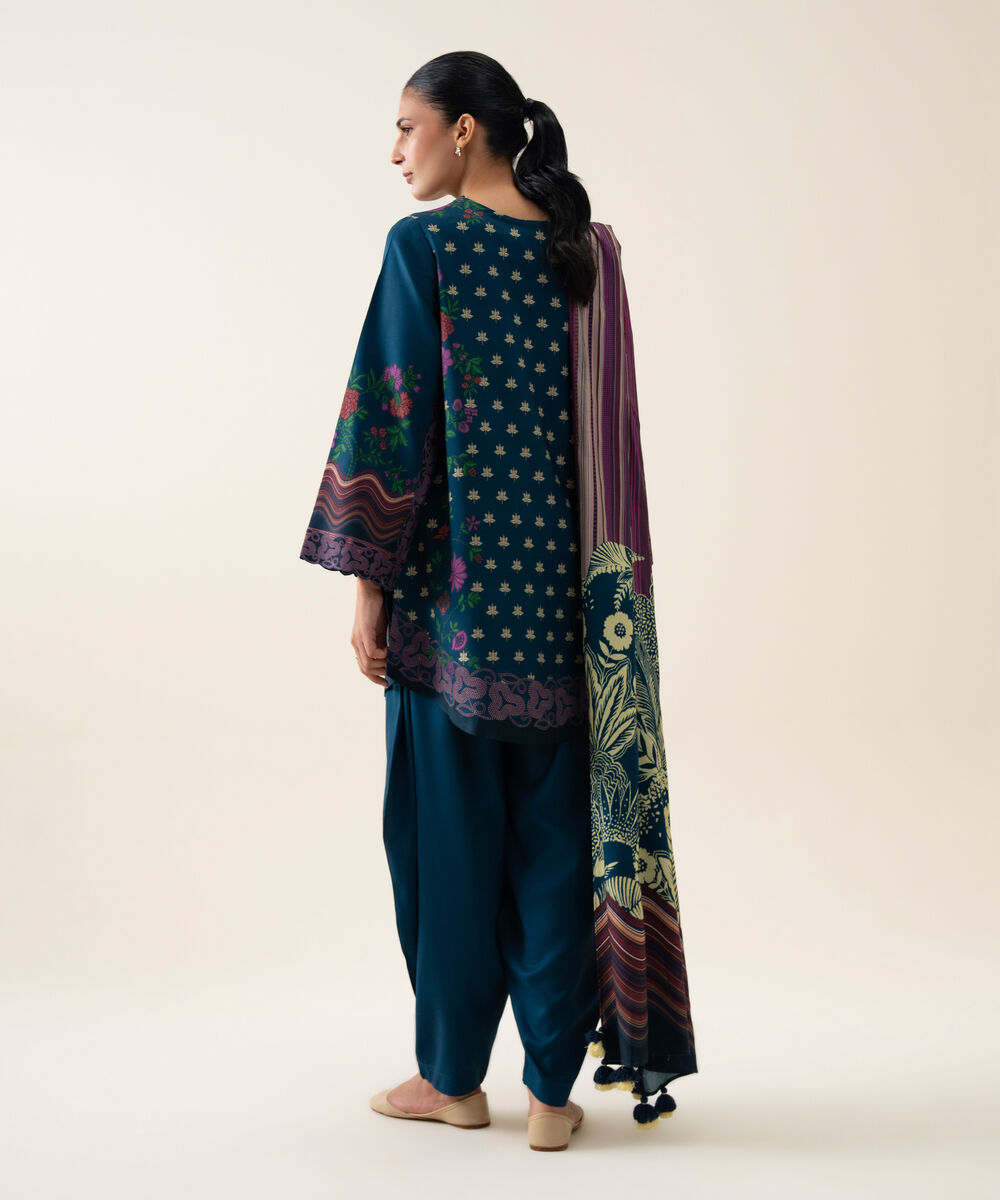 Womens Unstitched Viscose Linen Printed Dark Blue 3 Piece Suit