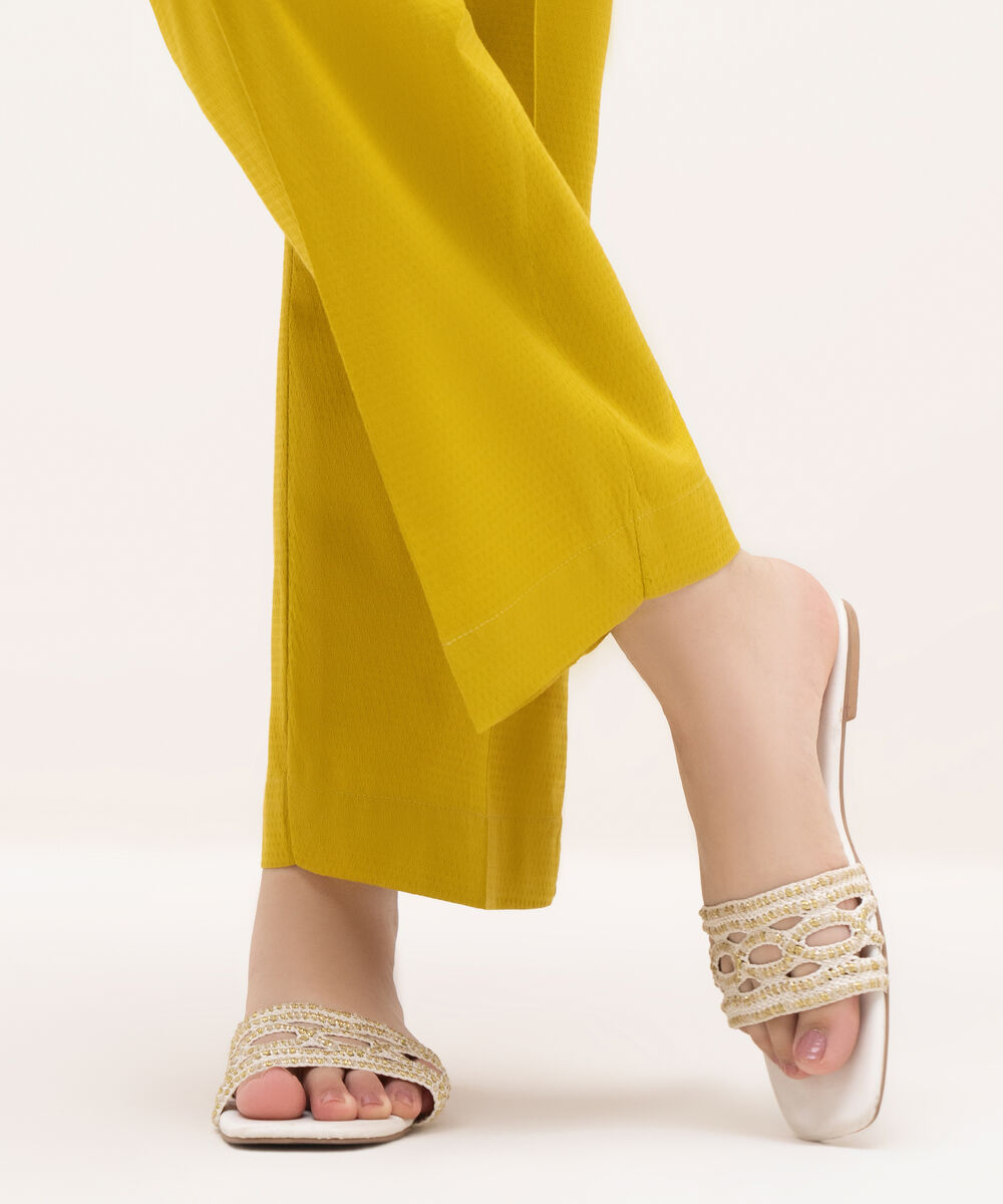 Women's RTW Textured Cotton Yellow Solid Straight Pants