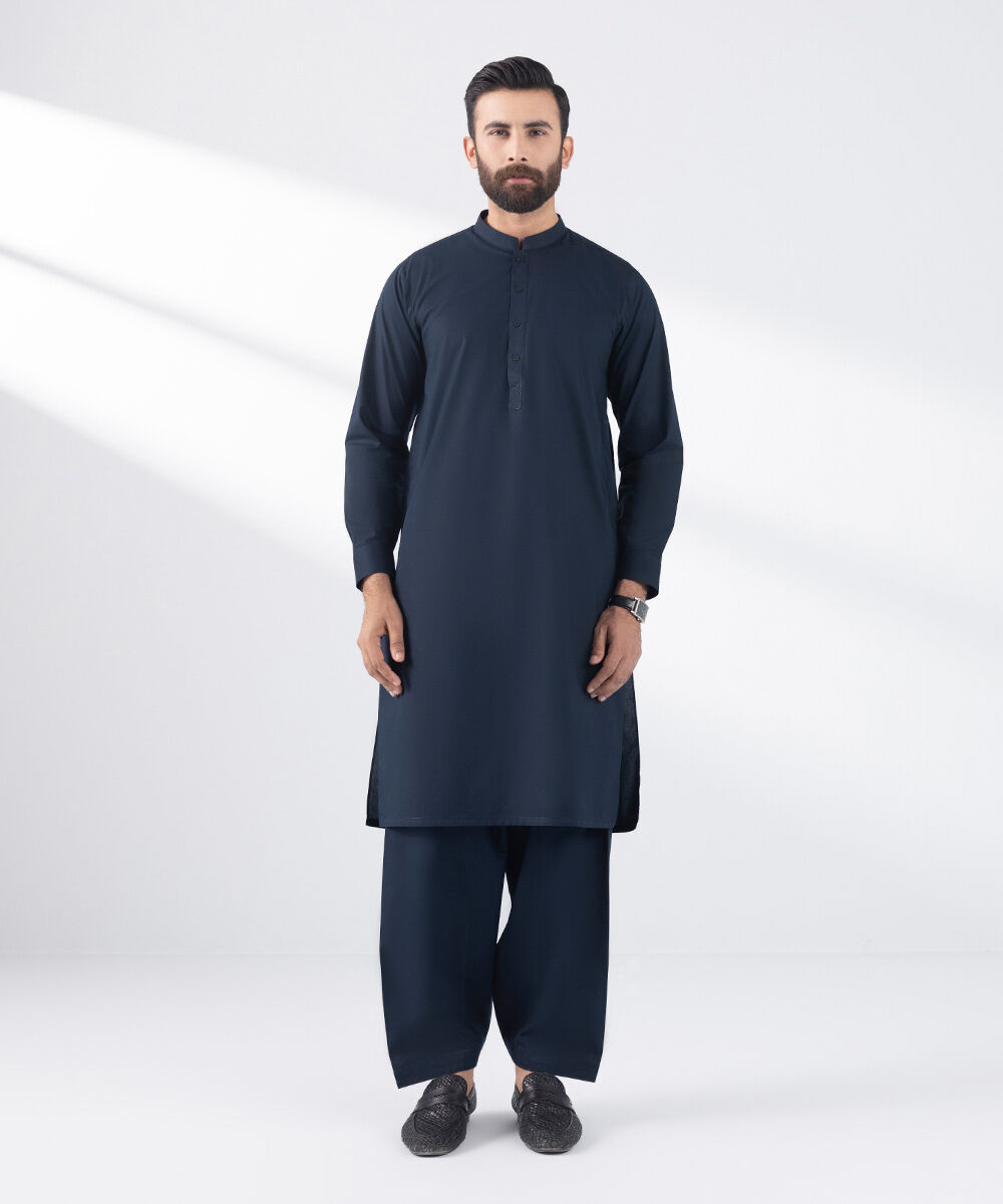 Men's Stitched 2 PC Blue Cotton Suit