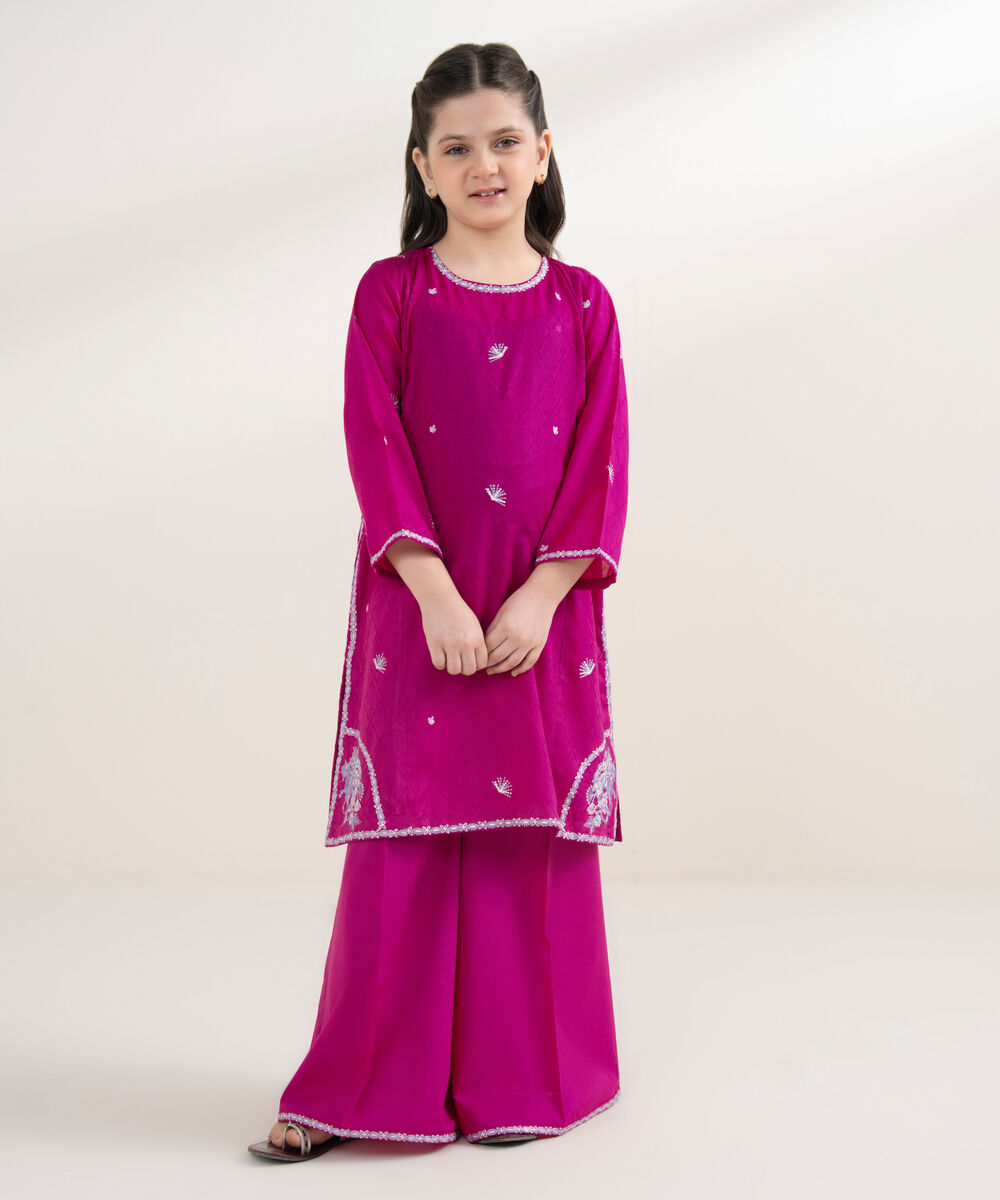 Girl's Self Jacquard Embroidered Pink 2 Piece Suit