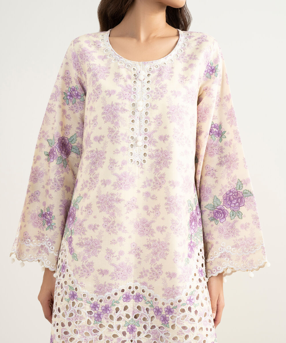 Women's RTW Zari Cotton Embroidered Purple Straight Shirt