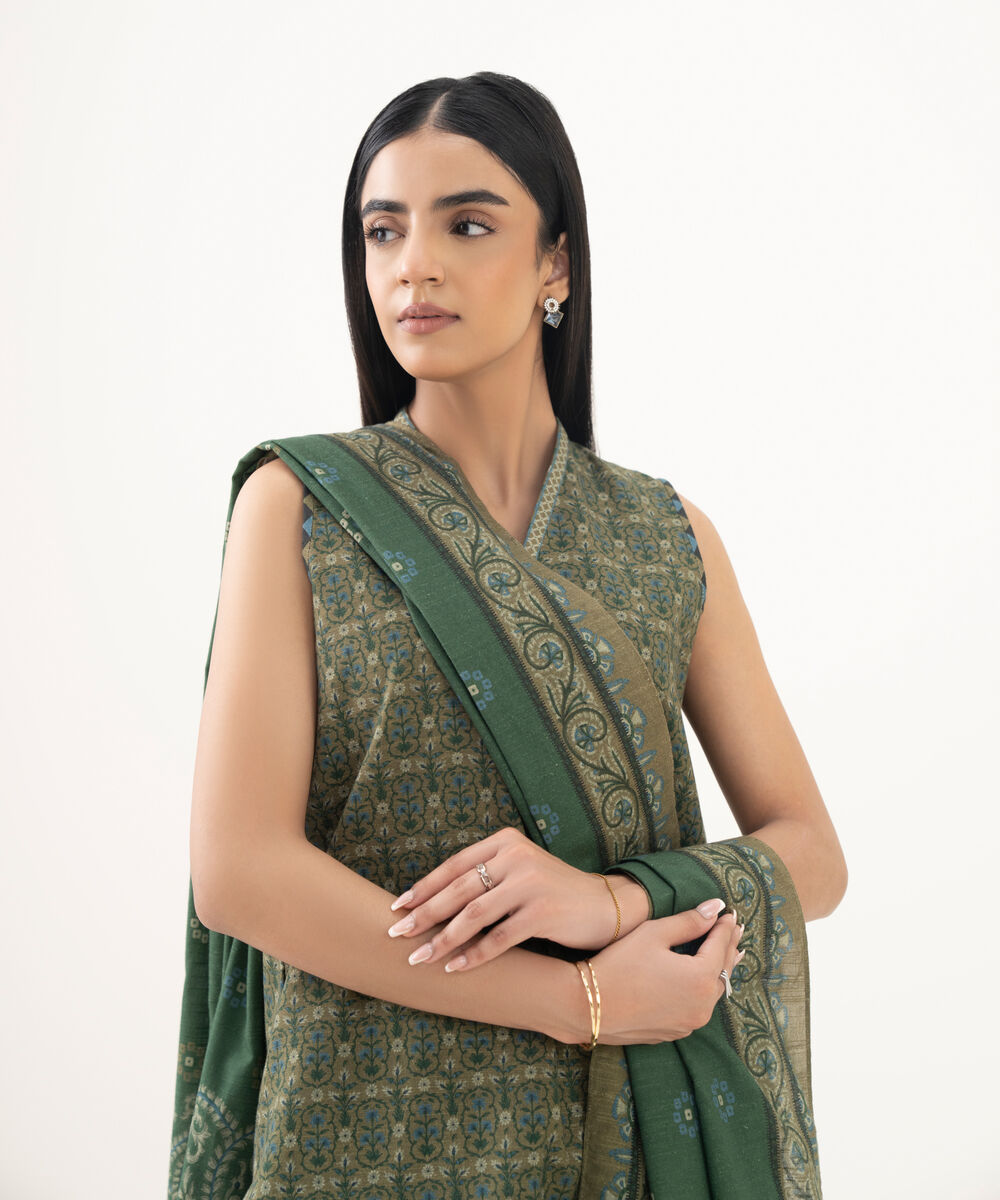 Women's Unstitched Light Khaddar Printed Green 3 Piece Suit
