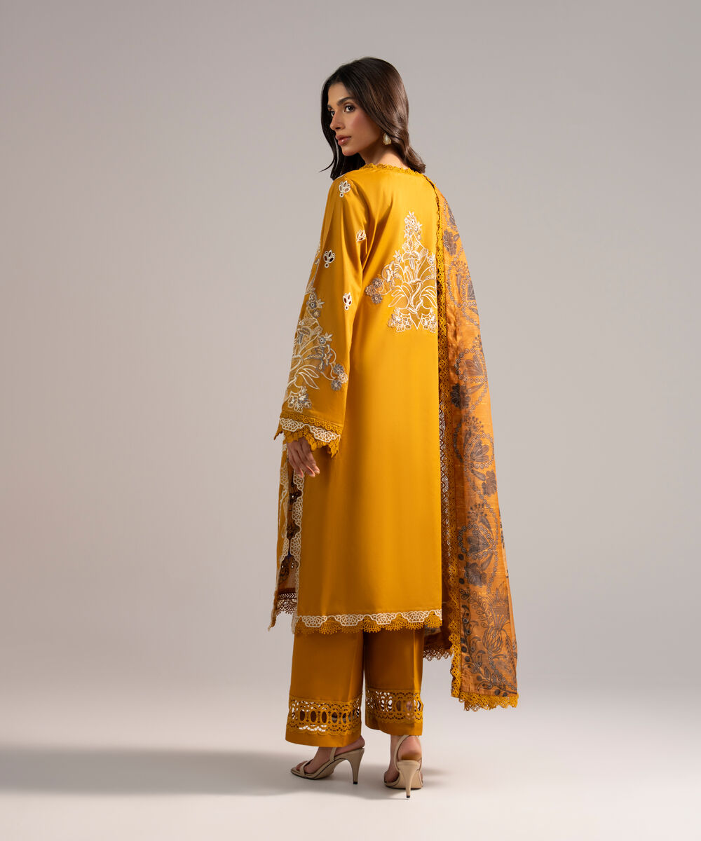 Women's RTW Lawn Embroidered Mustard Yellow 3 Piece Suit