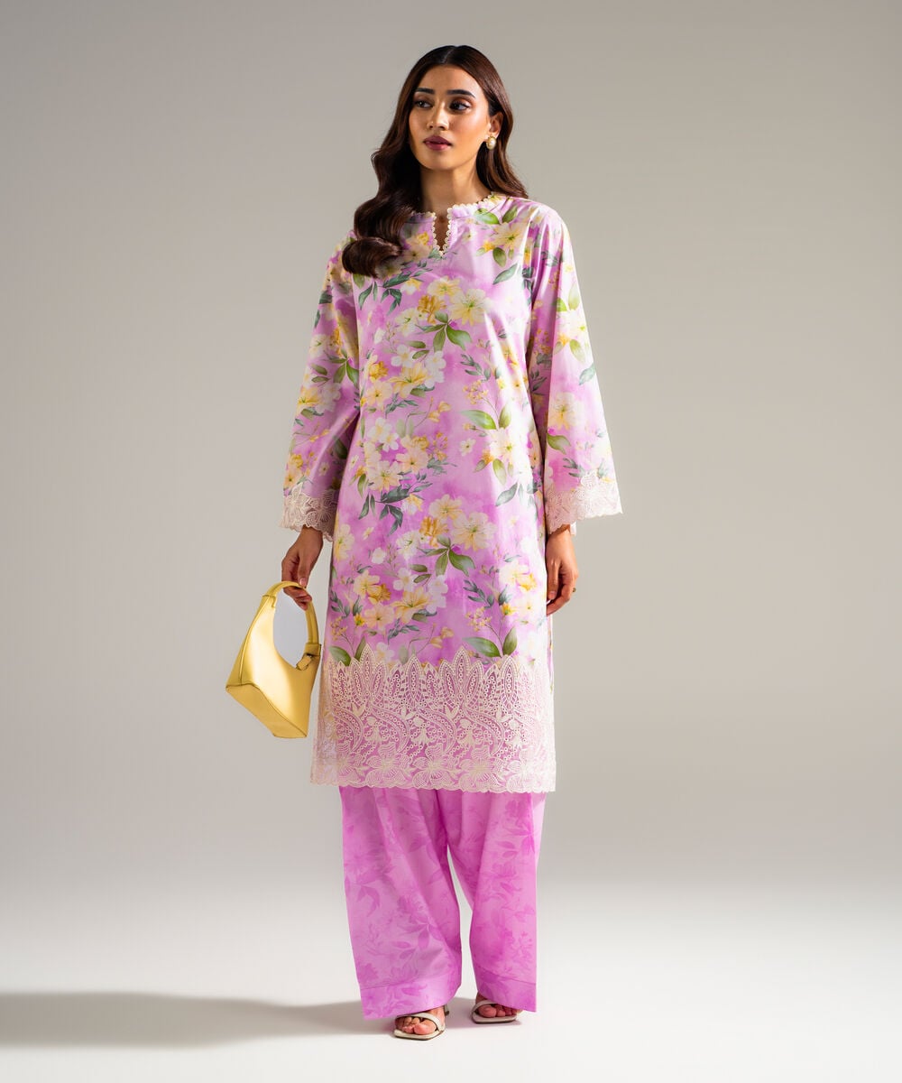 Women's RTW Lawn Embroidered Lavendar Straight Shirt