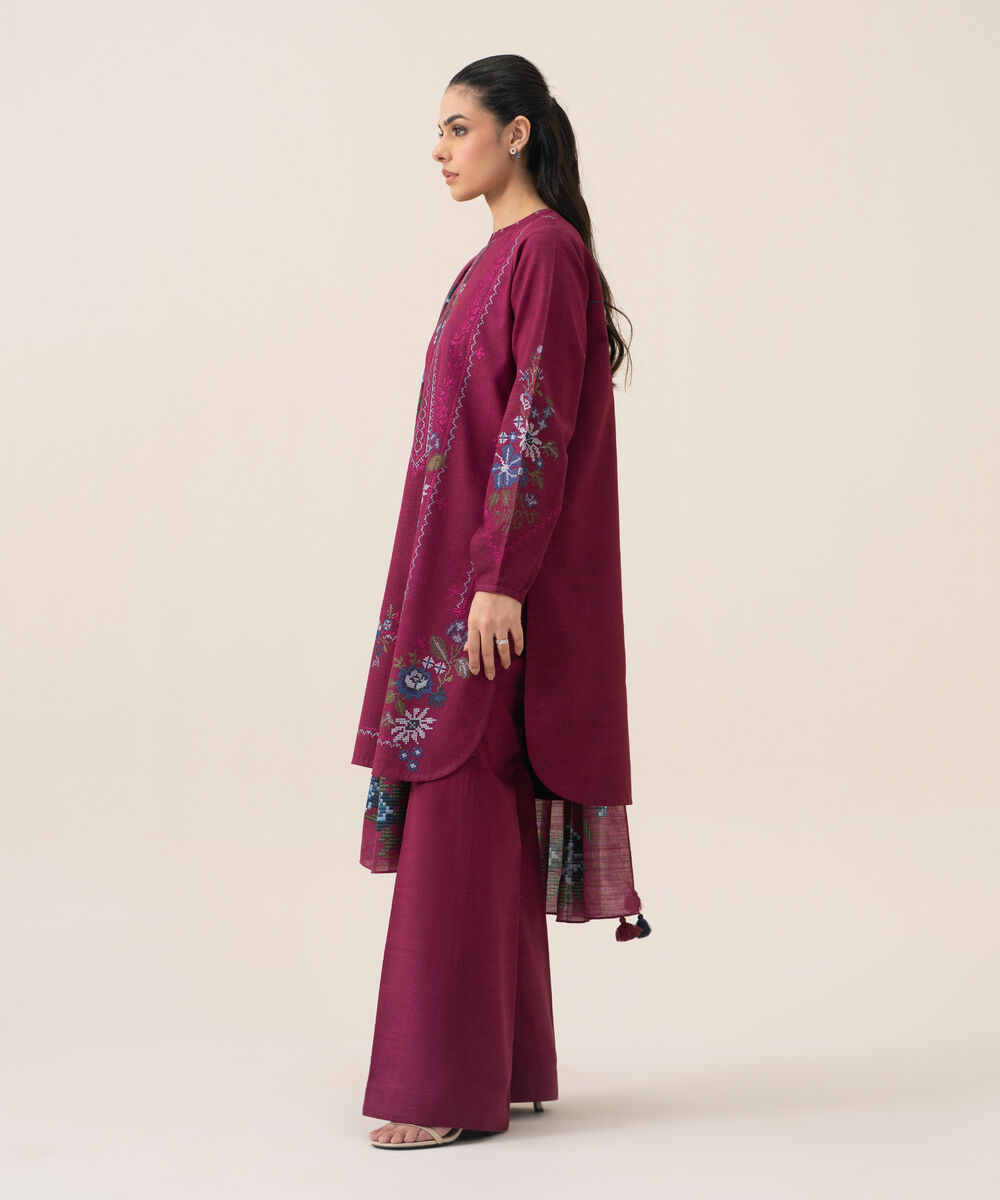 Women's Unstitched Premium Khaddar Embroidered Magenta 3 Piece Suit