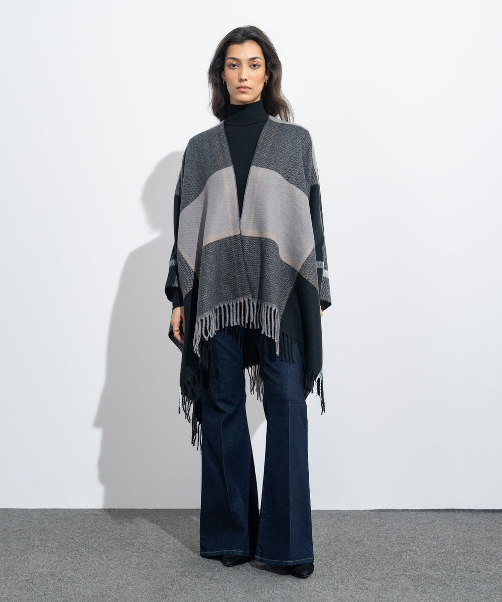 Women's Western Wear Black & Grey Striped Cape Shawl