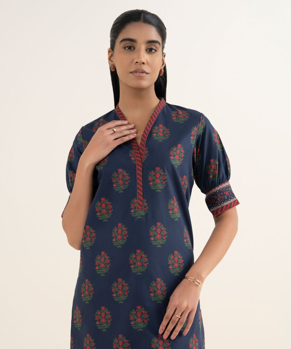 Women's Unstitched Cotton Printed Blue Shirt