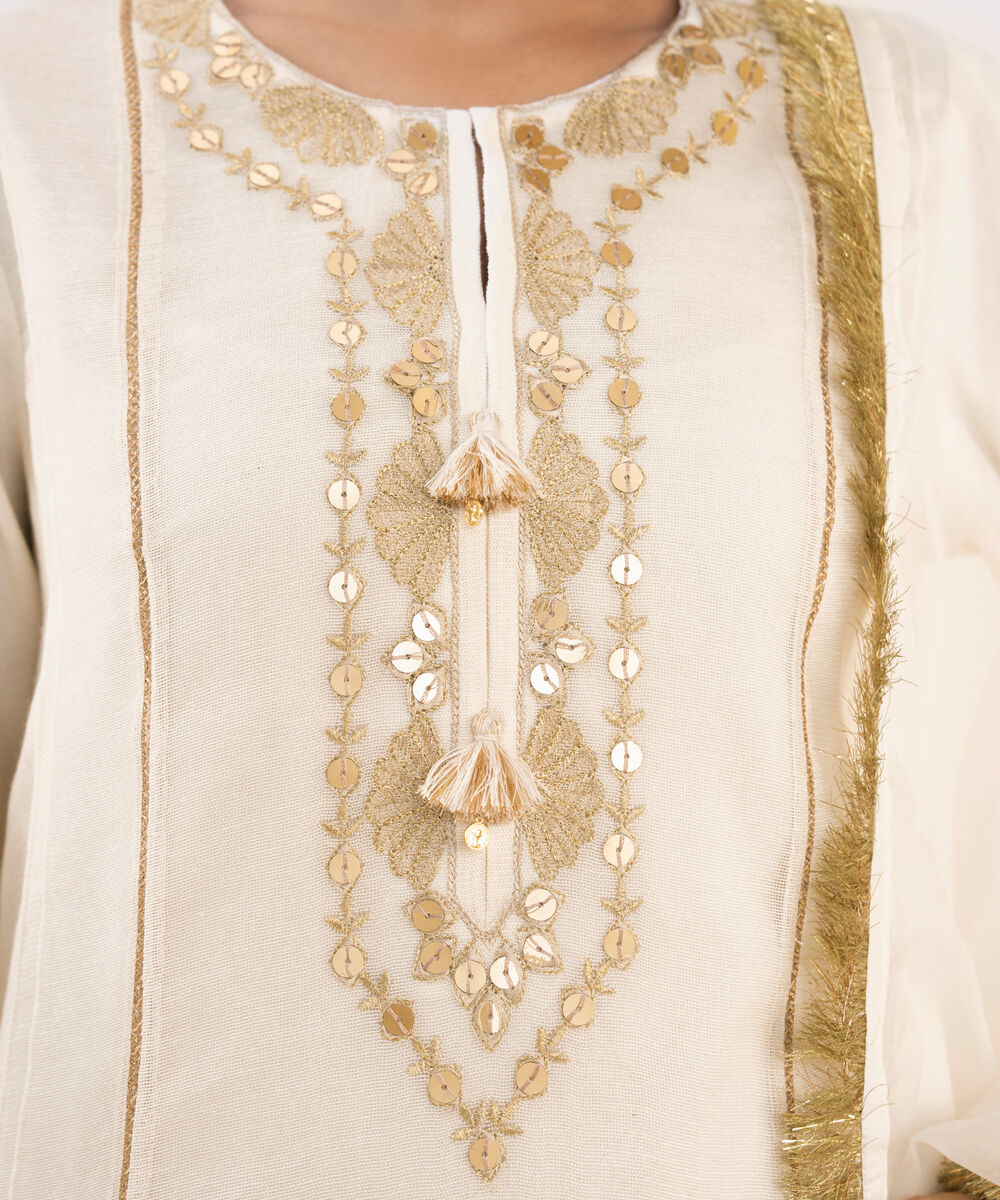 Women's RTW Khaddi Net Off White Embroidered 3 Piece Suit