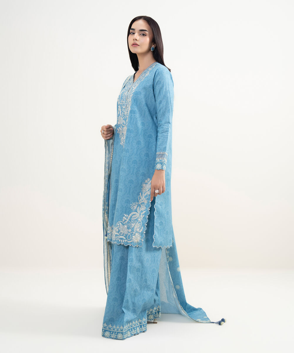 Women's Unstitched Lawn Embroidered Blue 3 Piece Suit