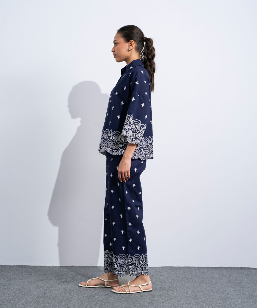 Women's Western Navy Embroidered Straight-Fit Trousers