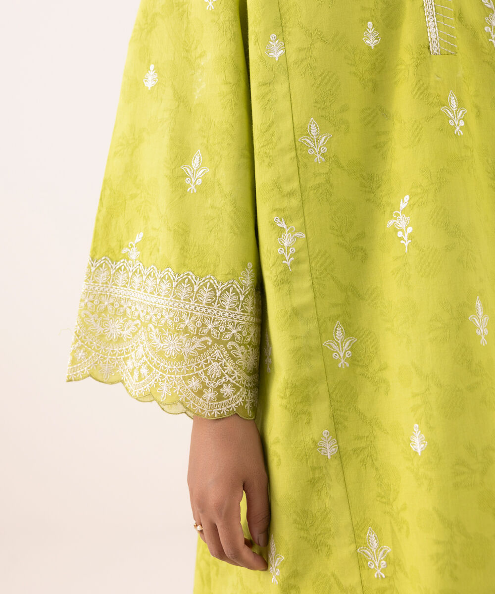 Women's Unstitched Jacquard Embroidered Green Three Piece Suit