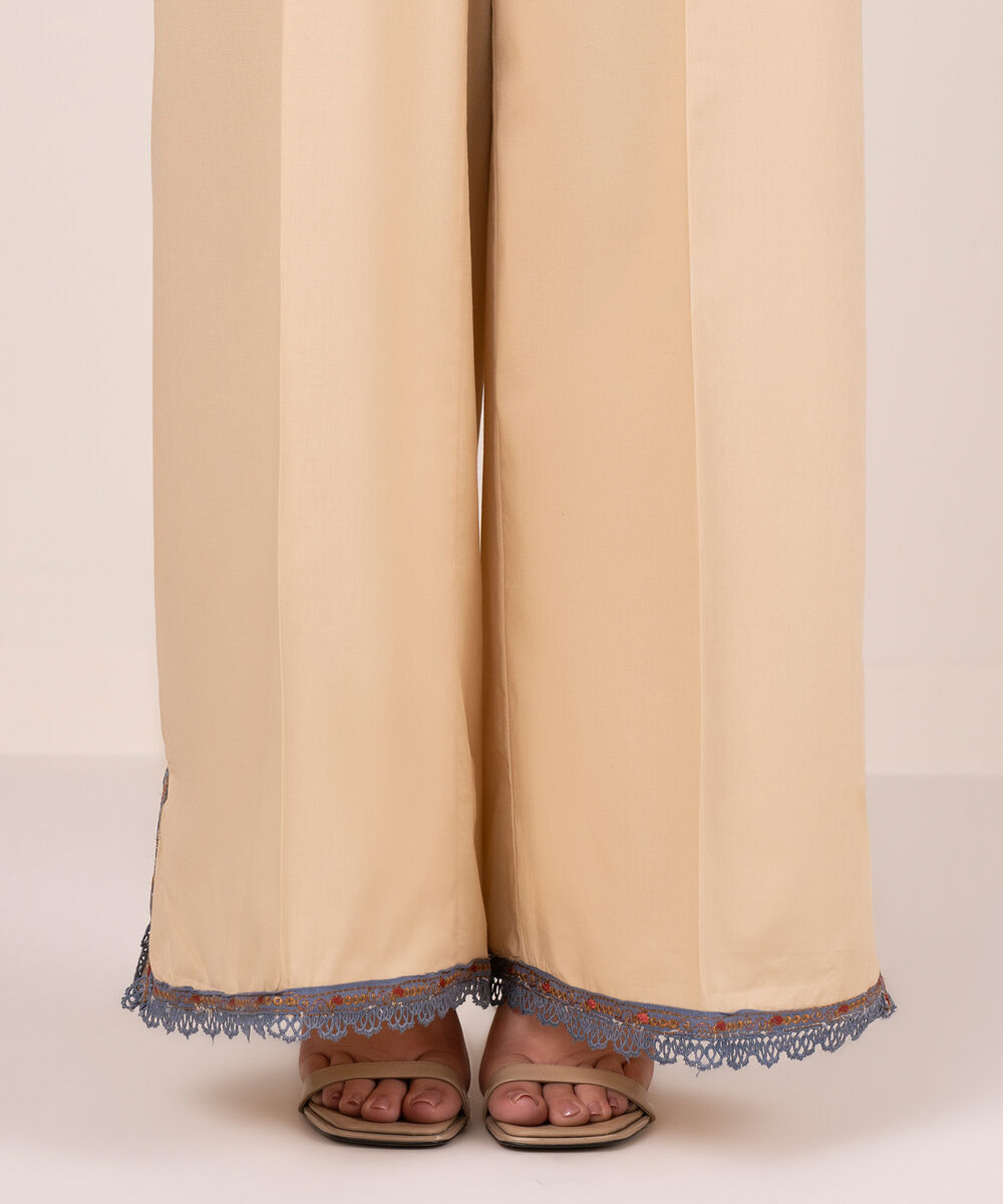 Women's RTW Cambric Solid Beige Flared Pants