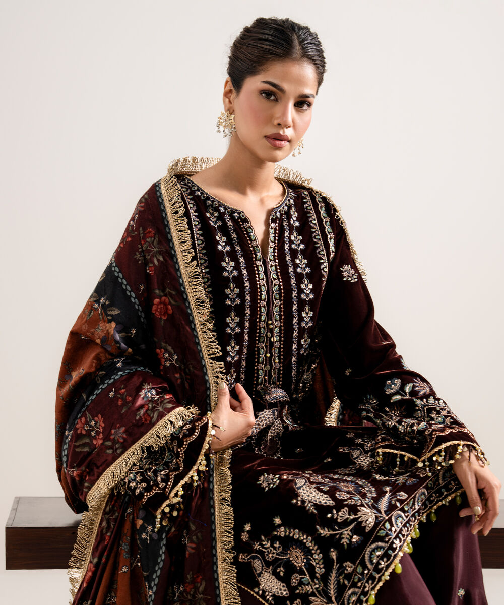 Women's Unstitched Embroidered Velvet Red 3 Piece Suit