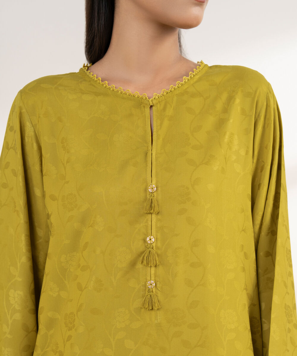 Women's RTW Arabic Self Jacquard Yellow Solid A-Line Shirt