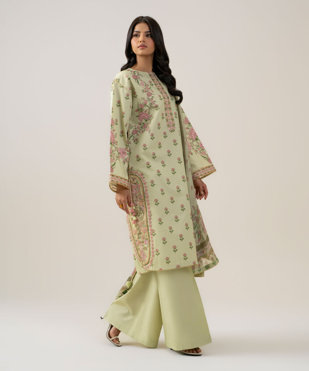Women's Unstitched Bemberg Tissue Printed Light Green 3 Piece Suit