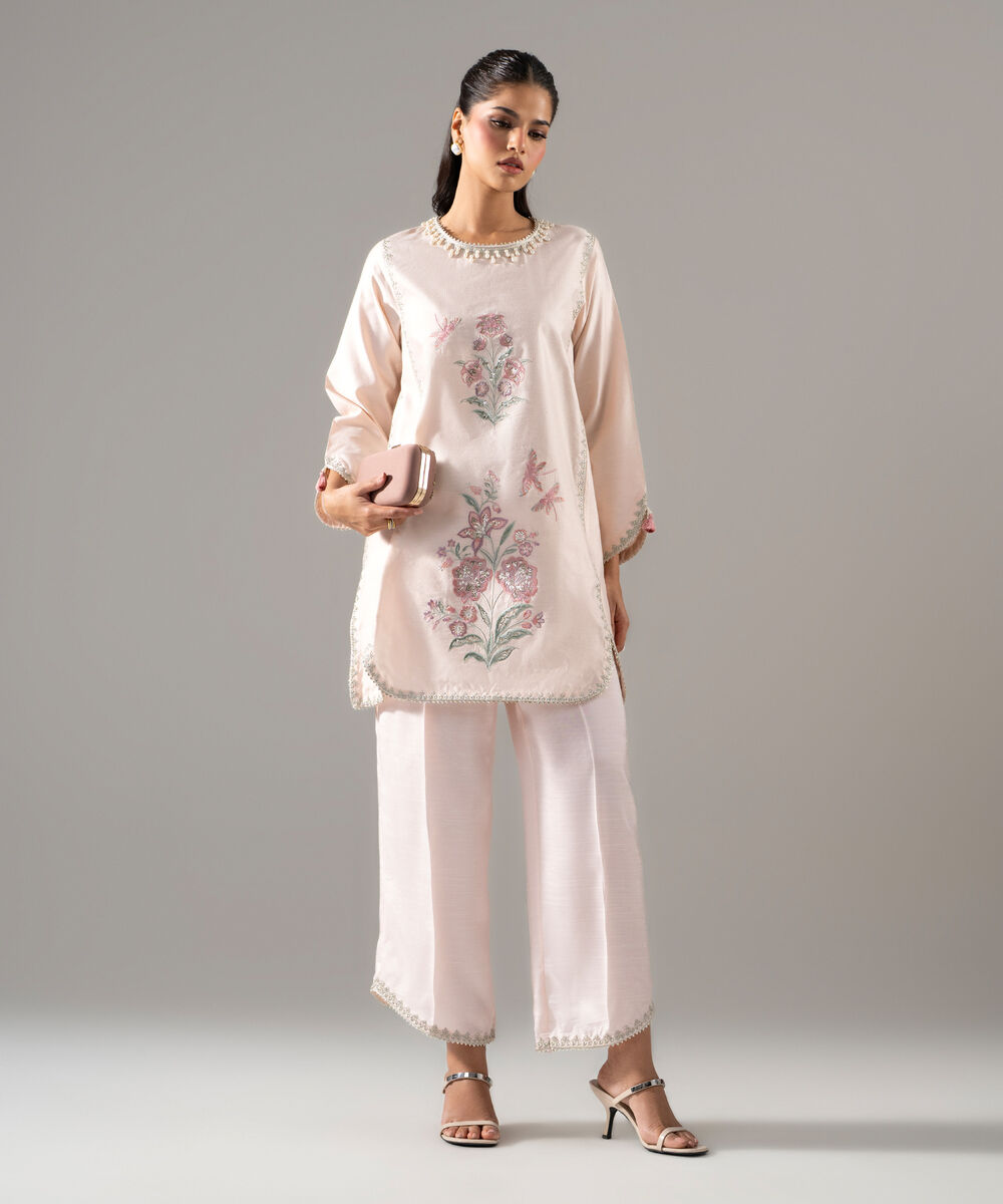 Women's RTW Cotton Net Solid Embroidered Pink 2 Piece Suit