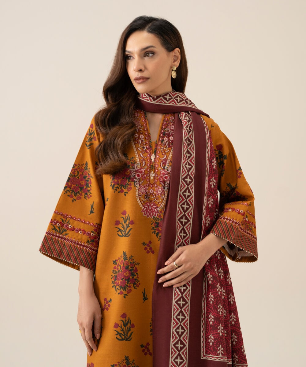 Women's Unstitched Light Khaddar Embroidered Burnt Orange 3 Piece Suit