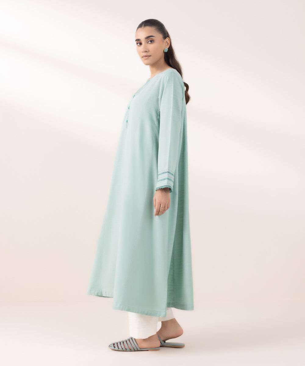 Women's Pret Khaddar Solid Sky Blue A-line Shirt