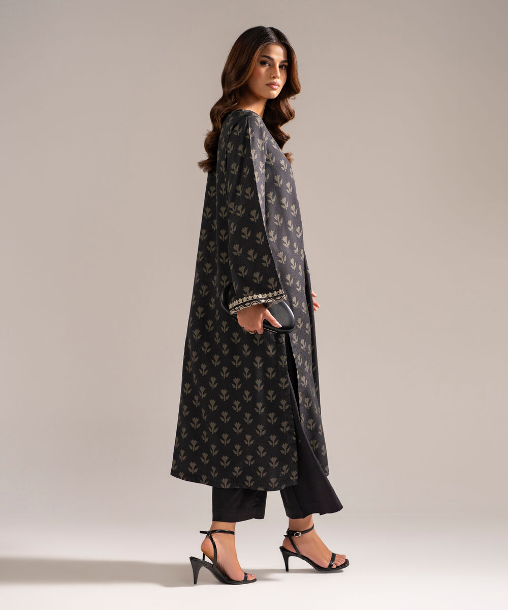 Women's RTW Self Jacquard Embroidered Black 2 Piece Suit