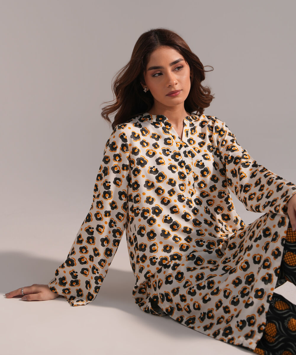 Women's RTW Arabic Lawn Printed Off White Straight Shirt