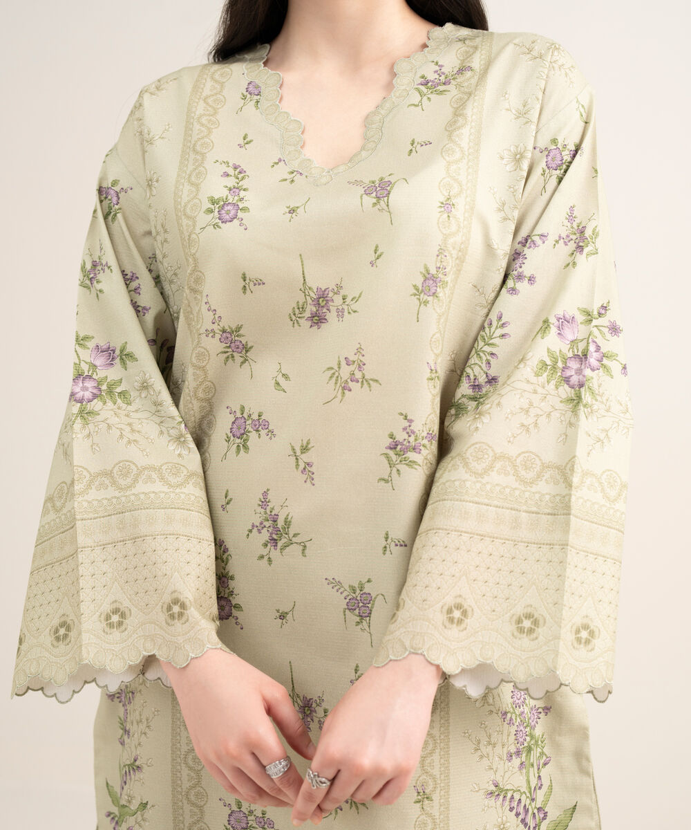 Women's Unstitched Zari Lawn Printed Beige 3 Piece Suit