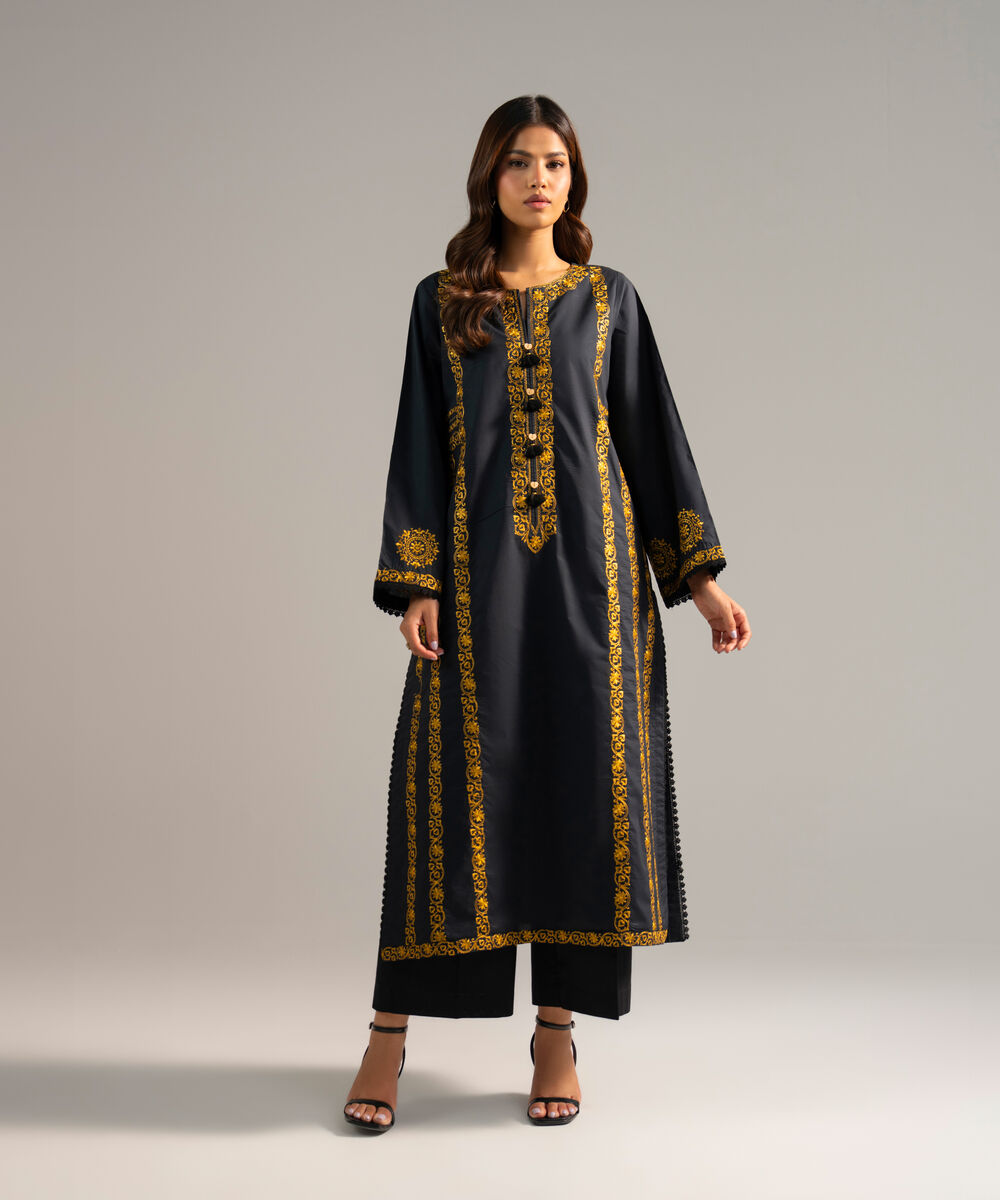 Women's RTW Poplin Embroidered Black Straight Shirt