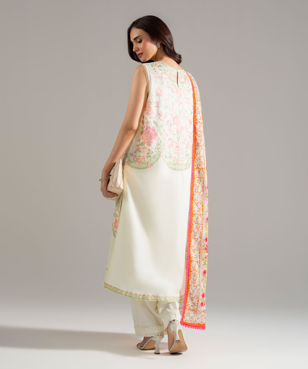 Women's RTW Cambric Solid Embroidered Off White 3 Piece Suit