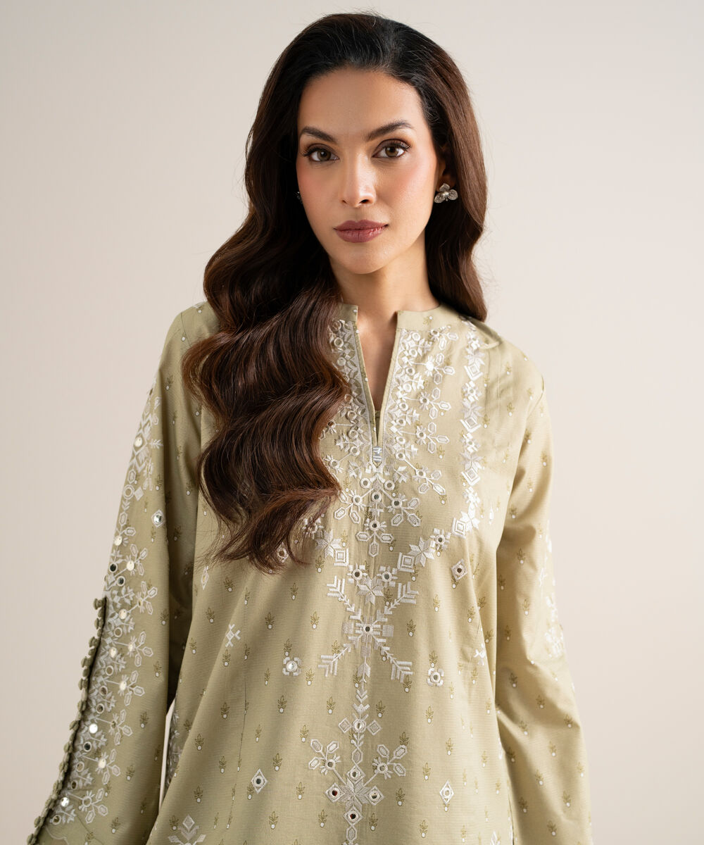 Women's Unstitched Zari Lawn Embroidered Beige 3 Piece Suit