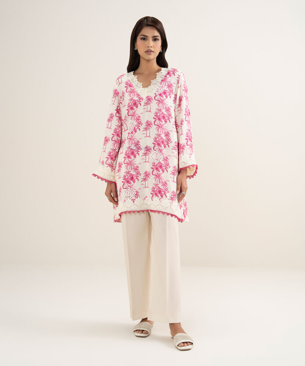 Women's RTW Viscose Raw Silk Embroidered Pink Straight Shirt